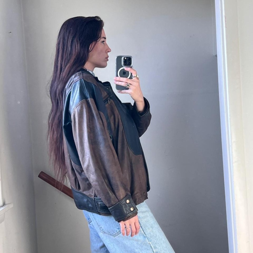 Vintage Leather Jacket Brown Black Two Tone Unique Oversized Bomber 90s Baggy - Picture 4 of 9